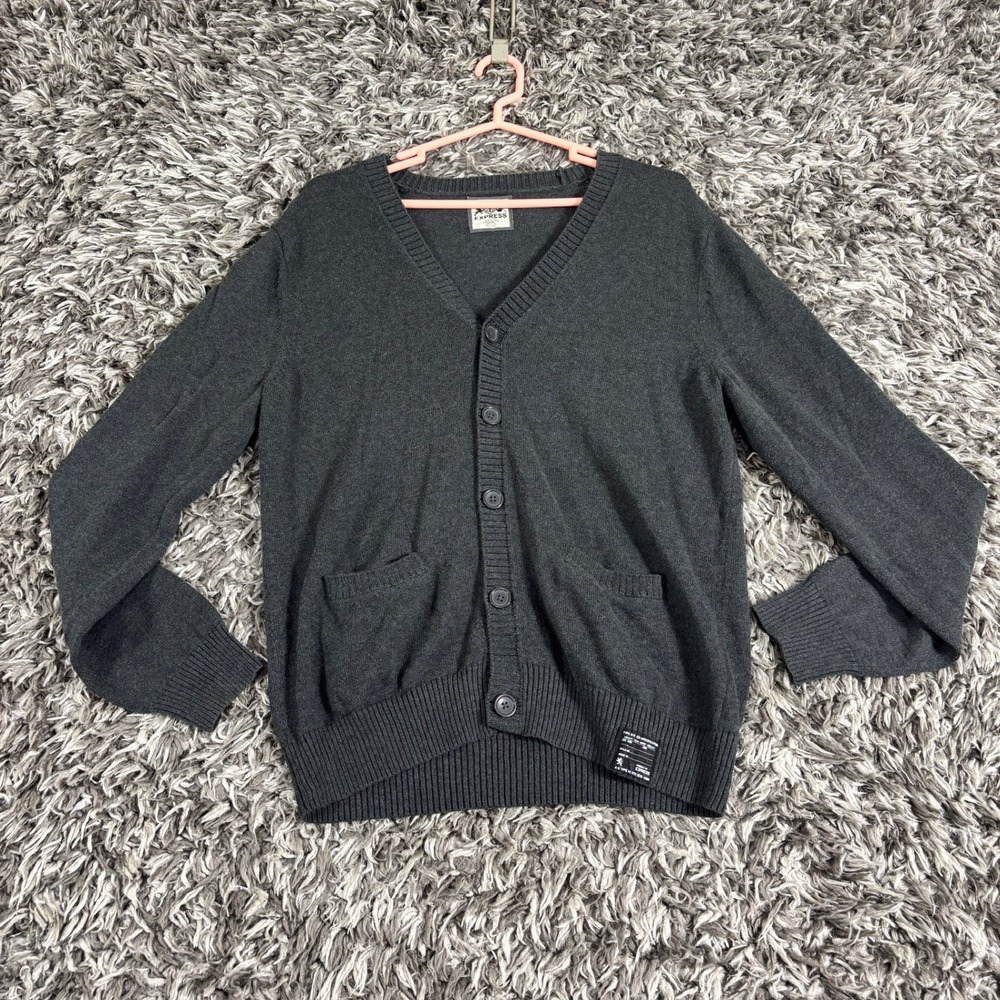 Express Mens Charcoal Gray 100% Cotton V-Neck Button Front Cardigan Sweater M